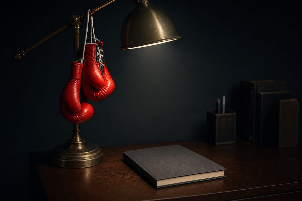 Tidy dark wooden desk at night with a brass lamp, a closed plain notebook and small red gloves hanging from the lamp (AI-generated image)