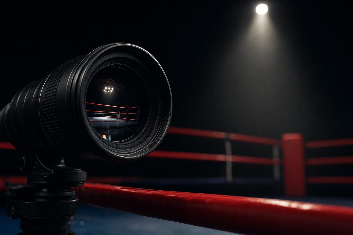 Camera lens close-up on a tripod at ringside with the lit ring reflected in the glass, dark arena (AI-generated image)