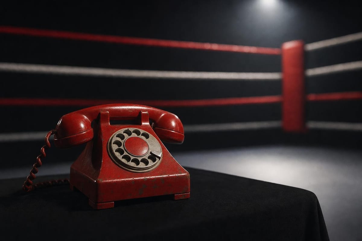 Old red rotary telephone on an empty ringside table covered in black cloth, the lit ring apron blurred behind (AI-generated image)