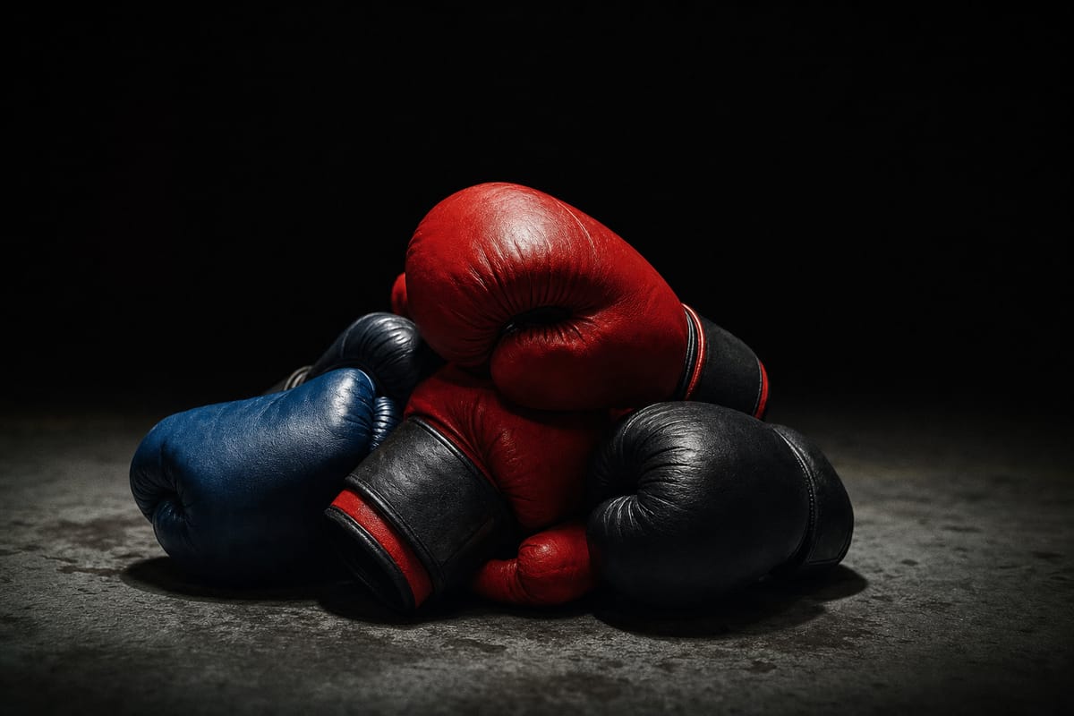 Small pile of red, blue and black boxing gloves on a gym floor, one glove on top catching the light (AI-generated image)