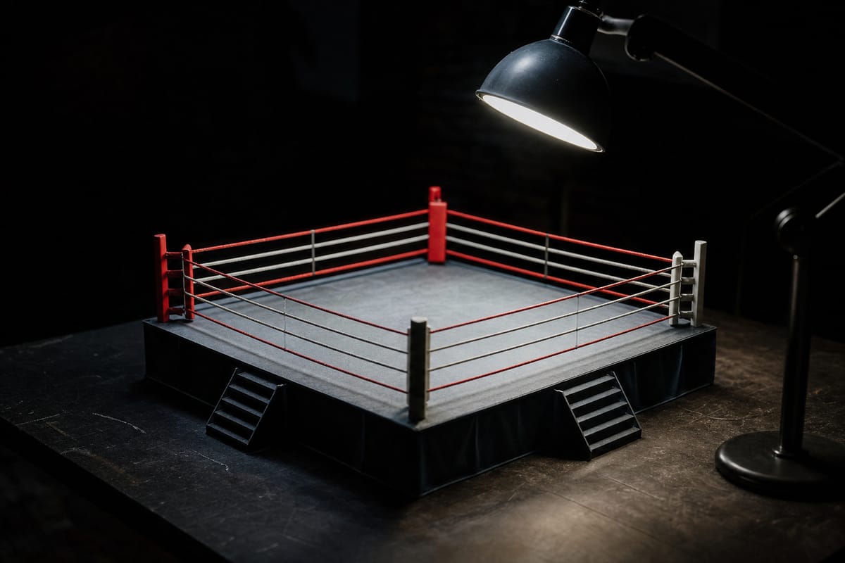 Detailed scale model of a boxing ring with tiny red and white ropes on a dark table under a desk lamp (AI-generated image)