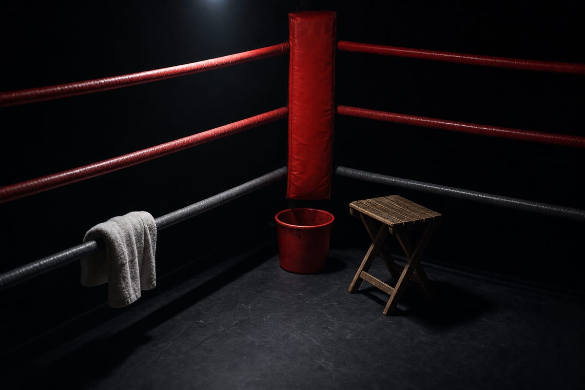 Folding wooden corner stool and a red bucket in an empty ring corner with a white towel over a rope (AI-generated image)