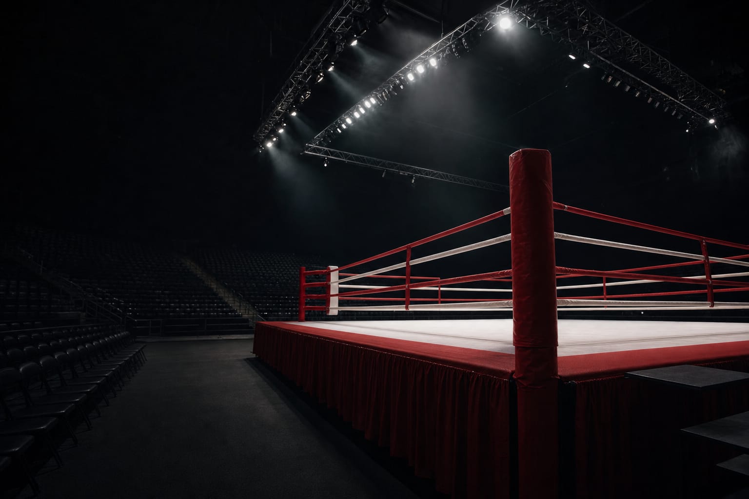 Empty championship boxing ring in a dark arena under a lighting truss, red apron and corner posts, rows of empty seats fading into black (AI-generated image)