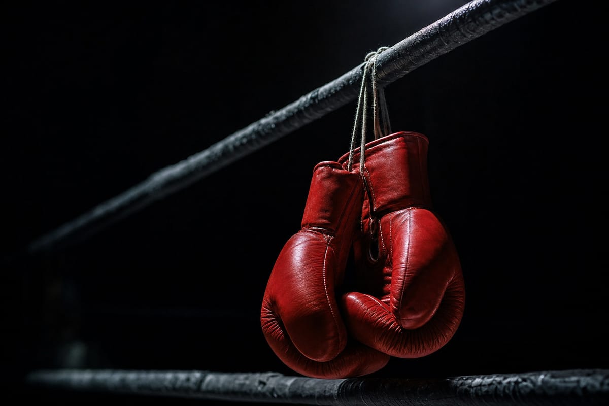 Pair of red leather boxing gloves hanging by their laces from a ring rope against a black background (AI-generated image)