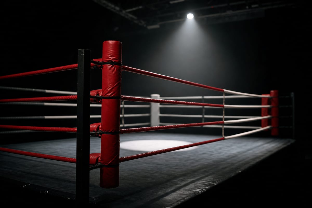 Empty boxing ring seen from ringside at a low angle, one hard spotlight on the canvas and a red corner post in front (AI-generated image)