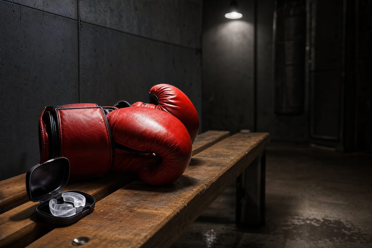 Pair of red boxing gloves and a mouthguard case on a wooden locker-room bench under overhead light (AI-generated image)