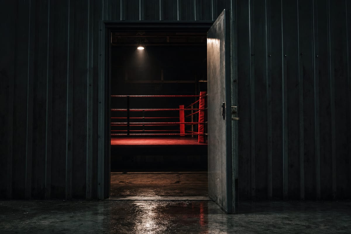 Open steel door into a dark boxing gym with a lit ring inside and light spilling onto wet concrete (AI-generated image)