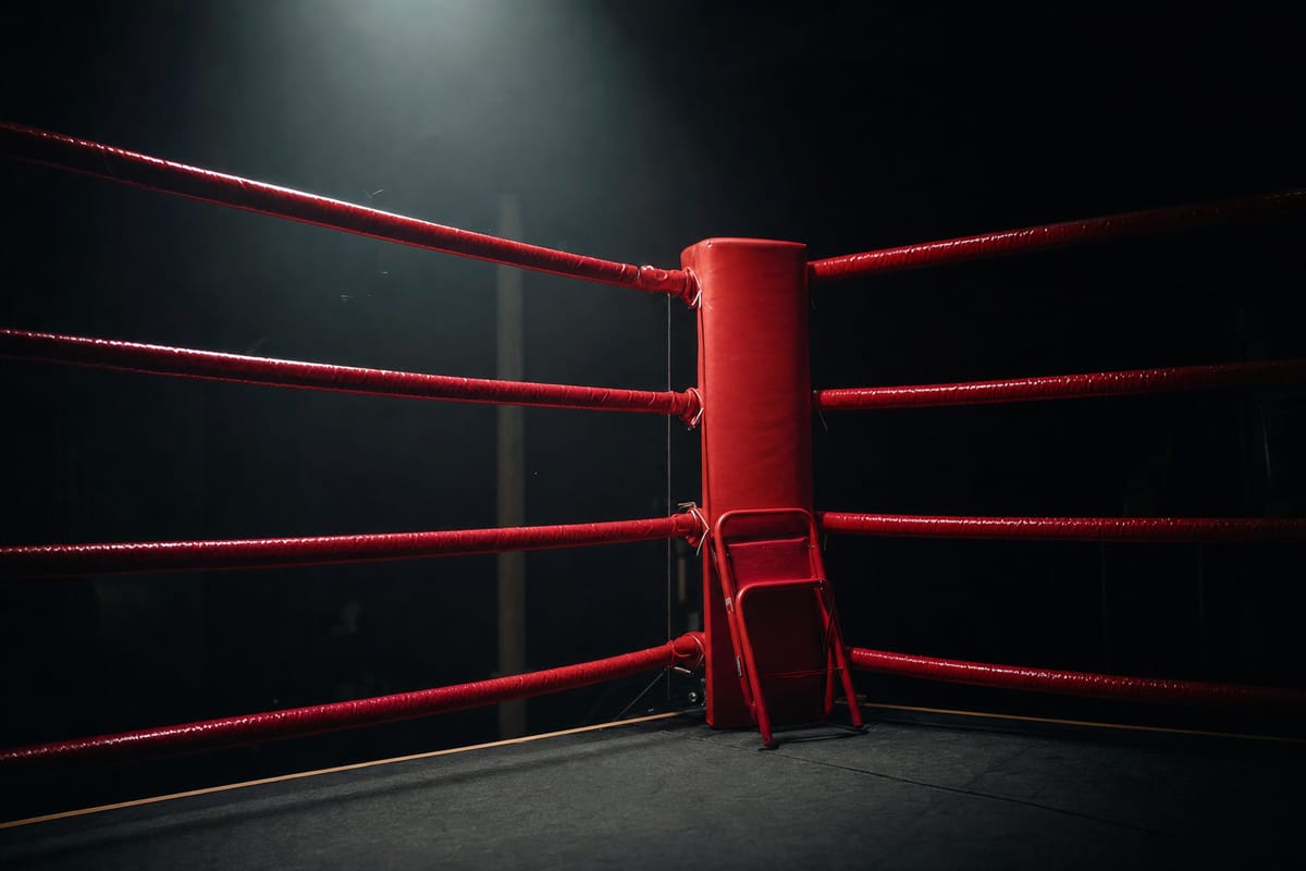 Red corner of a boxing ring seen from inside the ropes with the corner pad and a folded stool (AI-generated image)