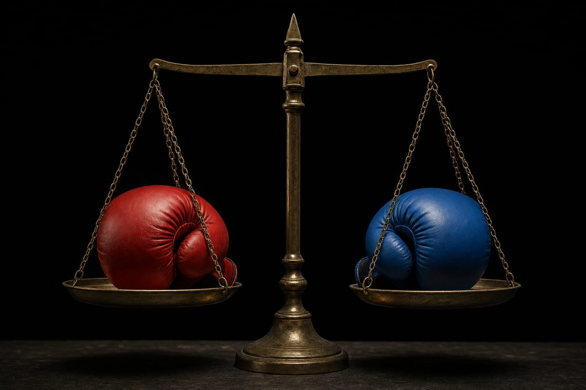 Brass balance scale holding a red boxing glove in one pan and a blue glove in the other, nearly level (AI-generated image)