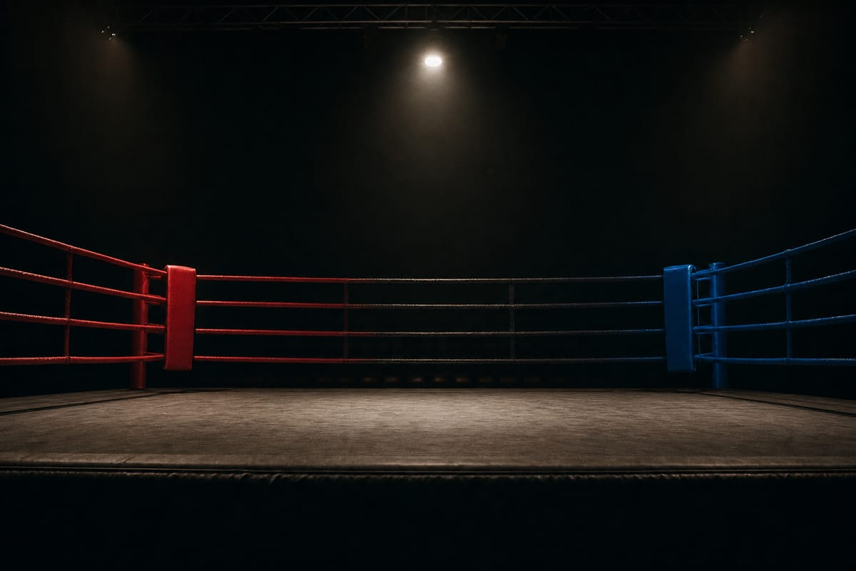 Wide shot across an empty ring from the red corner to the blue corner, both corner pads lit (AI-generated image)