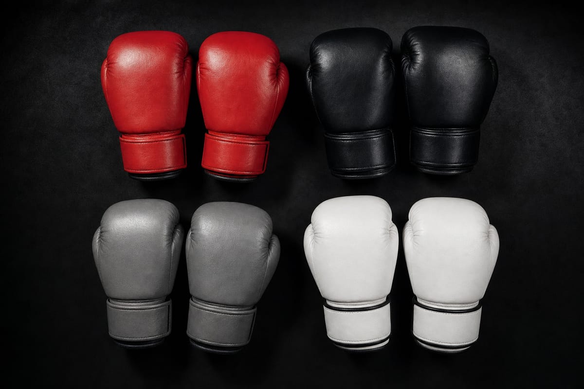 Four pairs of boxing gloves in red, black, grey and white laid in a neat grid on black canvas, from above (AI-generated image)