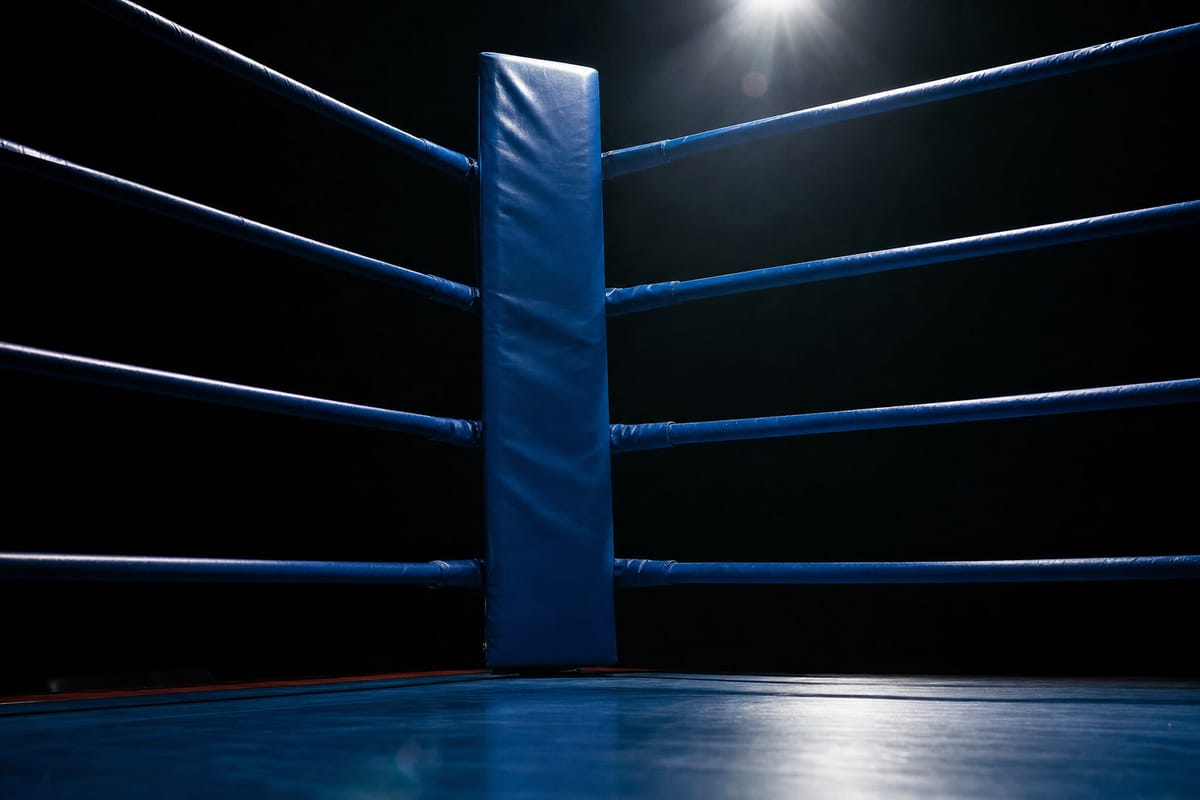 Blue corner of a boxing ring close-up, the blue pad and ropes under a cold spotlight (AI-generated image)