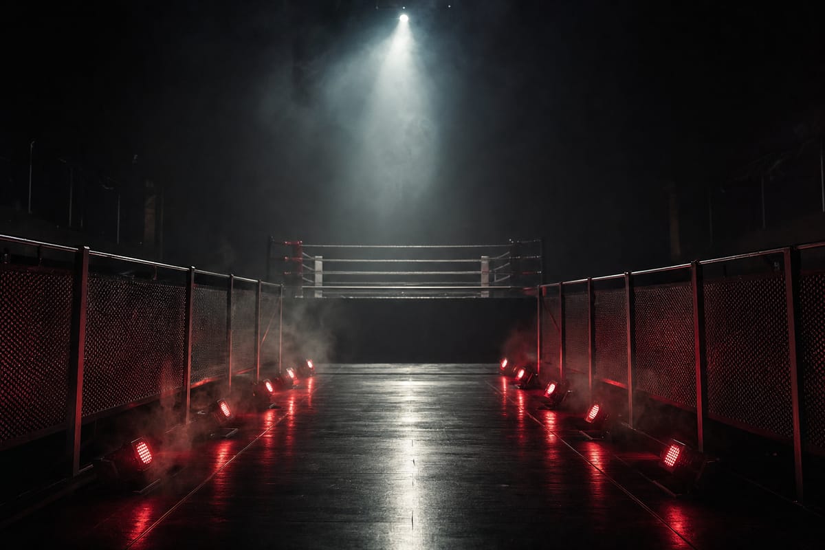 Empty entrance walkway leading to a boxing ring through darkness, lined with red floor lights (AI-generated image)