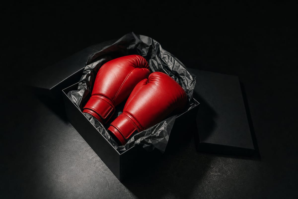 New pair of red boxing gloves in an open black box lined with tissue, the lid beside it (AI-generated image)