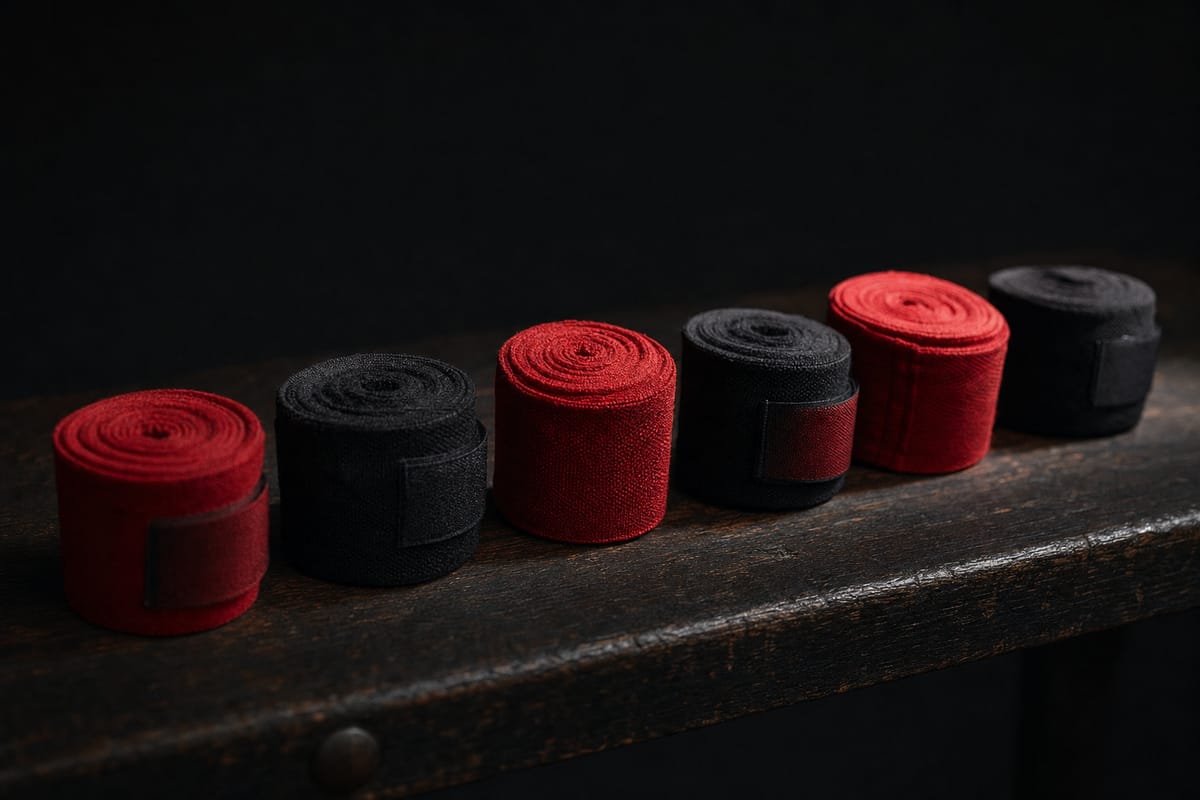 Rolled red and black cotton hand wraps lined up on a dark wooden bench under a soft spotlight (AI-generated image)