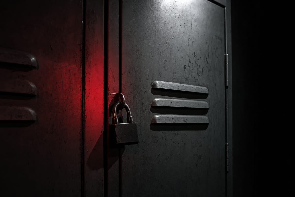 Closed steel gym locker with a heavy padlock, red light from the side (AI-generated image)