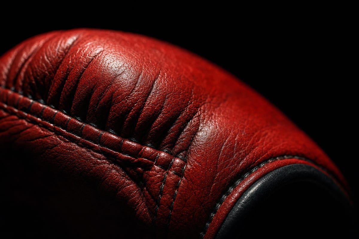 Macro of the stitching on a red leather boxing glove seam against black (AI-generated image)