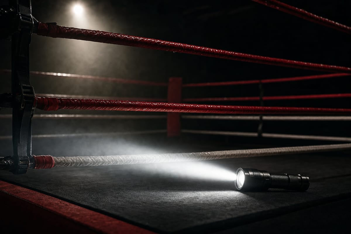 Inspection torch lying on the canvas of an empty ring, its beam running under the ropes in haze (AI-generated image)