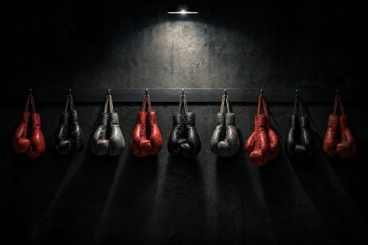 Nine pairs of boxing gloves in shades of red, black and grey hanging in an even row on hooks along a dark wall (AI-generated image)