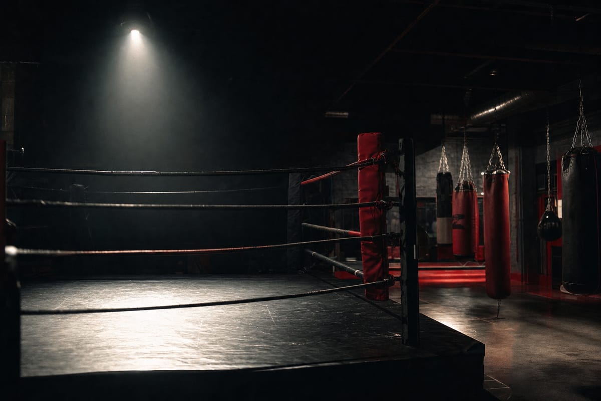 Empty boxing gym at dawn with soft light through tall windows onto a quiet ring and hanging bags (AI-generated image)