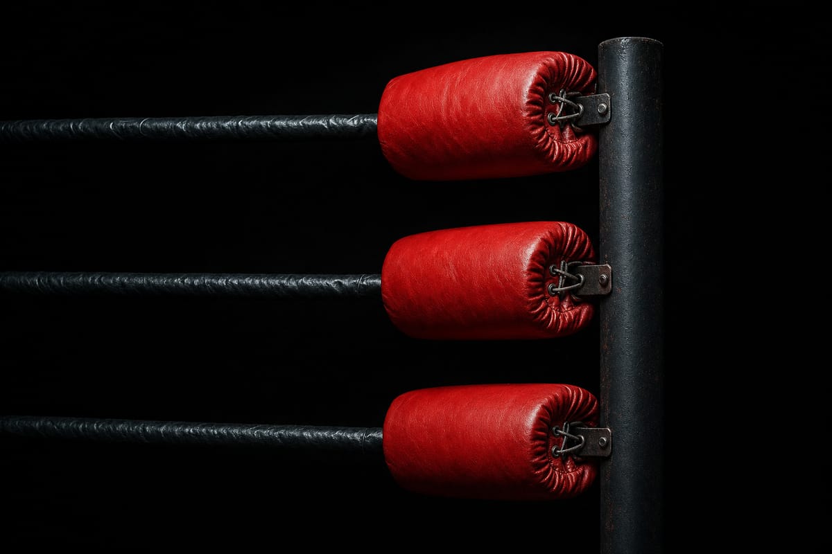 Three red corner post pads stacked vertically on a ring post, close-up against black (AI-generated image)