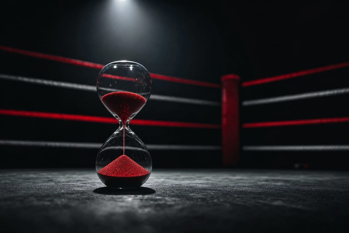 Hourglass with red sand standing on the canvas of an empty boxing ring, ropes blurred behind (AI-generated image)