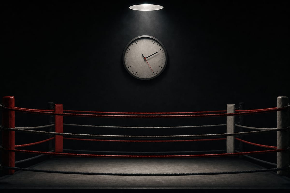 Plain round wall clock on a dark wall above an empty ring with red ropes (AI-generated image)