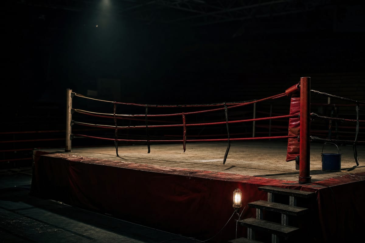 Empty boxing ring with its lights switched off and slack ropes, one dim work lamp in a dark arena (AI-generated image)