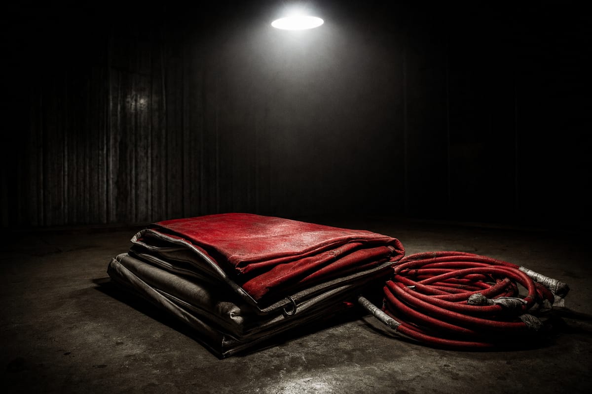 Folded boxing ring canvas and coiled ropes stacked on the floor of an empty warehouse under a work light (AI-generated image)