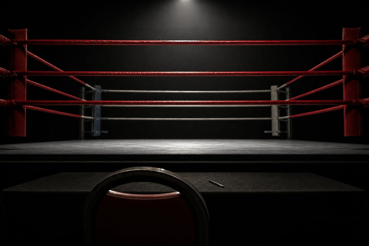 Back of an empty chair at ringside facing a lit ring with red ropes (AI-generated image)