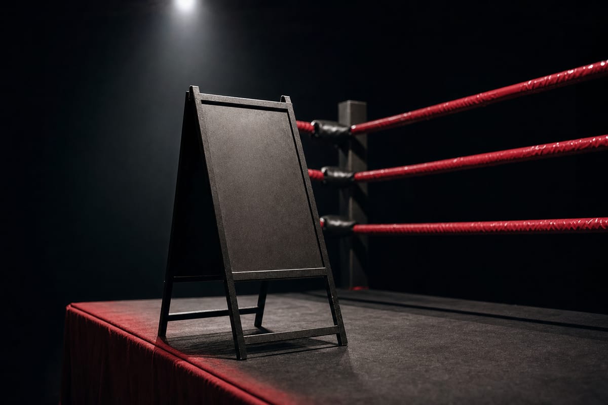 Empty ring-card easel with a blank dark board on the apron by the ropes, under a spotlight (AI-generated image)
