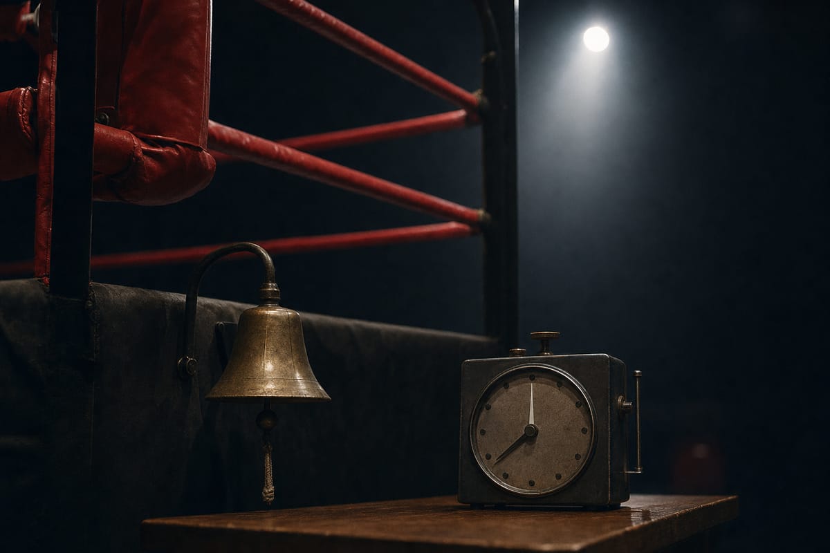Timekeeper’s corner beside a boxing ring with a brass bell on the post and a mechanical clock on the apron (AI-generated image)