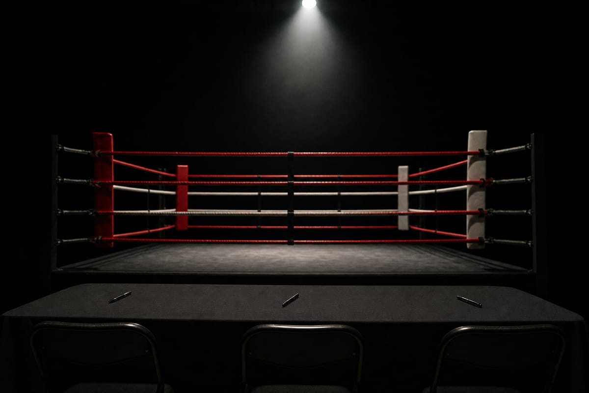 Ringside table covered in black cloth with pens laid along it, in front of an empty lit ring (AI-generated image)