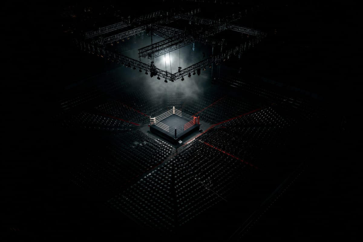 Arena seen from the lighting rig high above, the boxing ring a small bright square in the dark seating (AI-generated image)