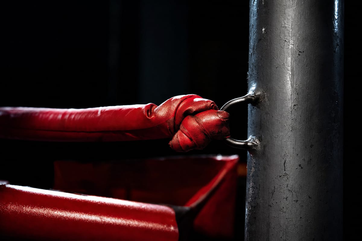 Tight knot in a red ring rope tied around a steel ring post, close-up, hard light (AI-generated image)