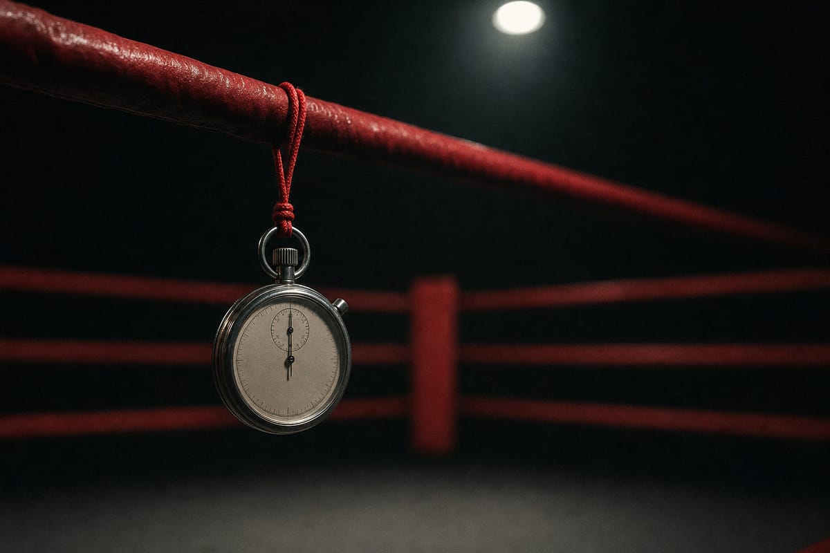 Silver mechanical stopwatch hanging on a red cord from a ring rope, the ring blurred behind (AI-generated image)