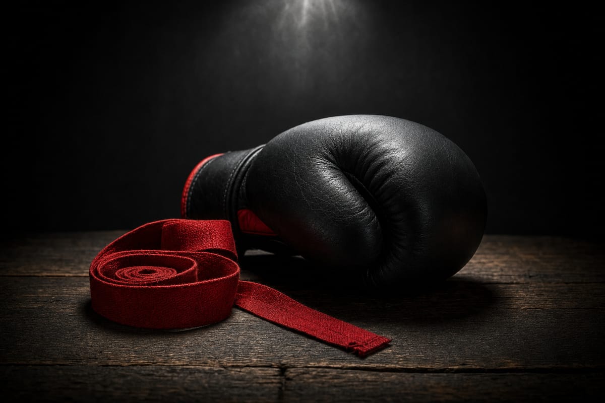Red hand wrap coiled beside a single black boxing glove on a dark wooden table (AI-generated image)