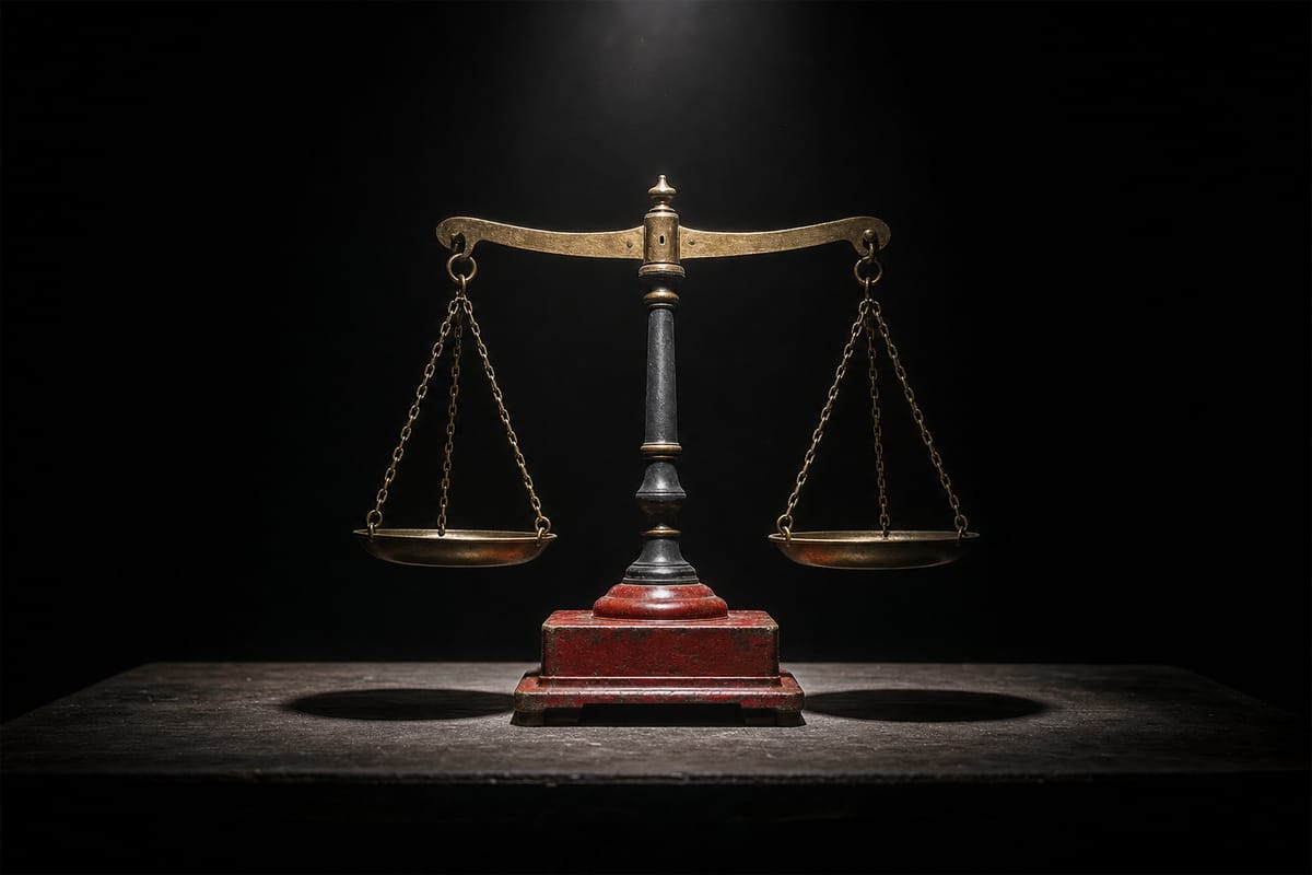 Brass balance scale with two hanging pans on a red pedestal, alone under a spotlight in the dark (AI-generated image)