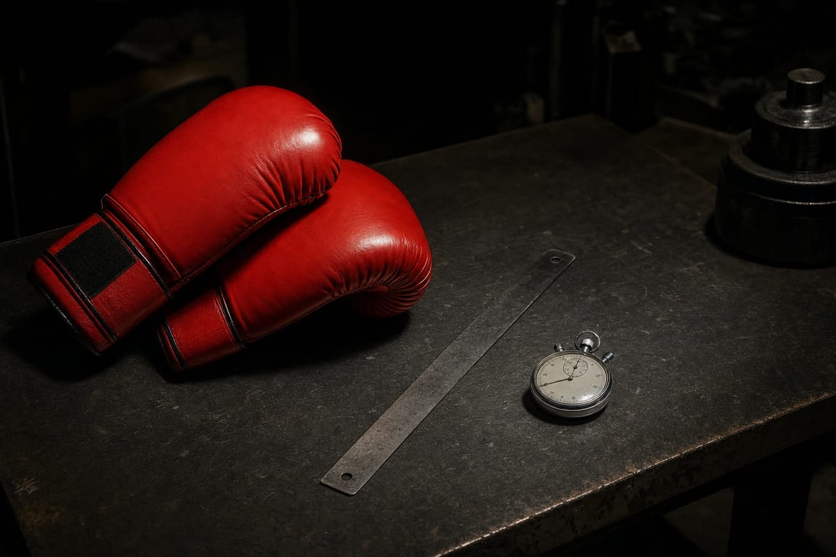 Dark workshop bench with a pair of red boxing gloves, a steel ruler and a mechanical stopwatch laid out neatly (AI-generated image)