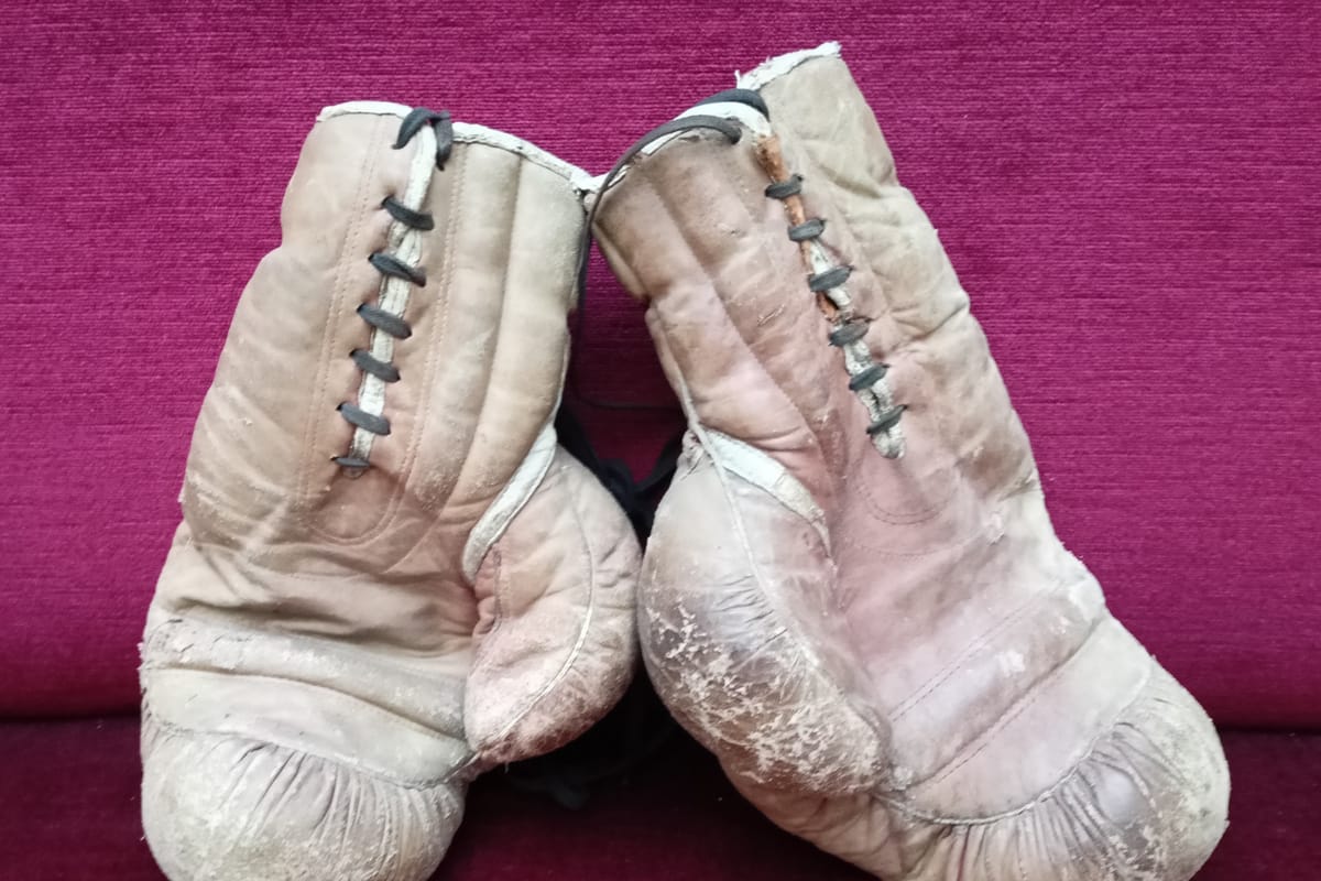 Pair of worn pale leather boxing gloves with dark laces against a crimson velvet background