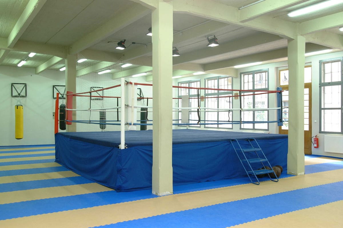 Boxing ring with blue apron and red, white and blue ropes in a bright empty training hall